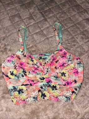 PINK Victoria's Secret Mint Lace Floral Bralette with Neon Accents
